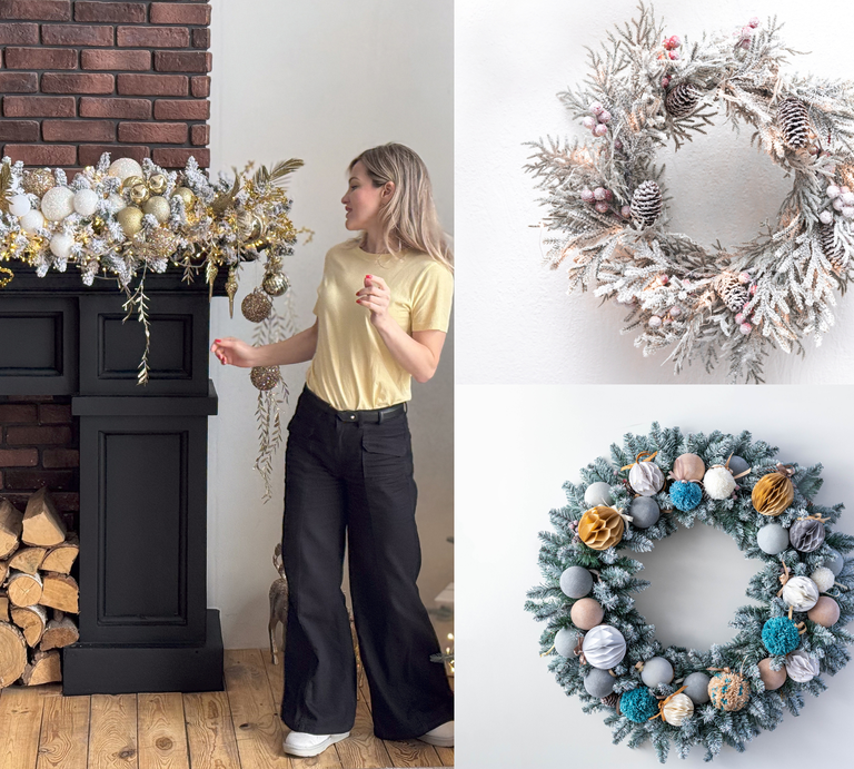Junge Frau dekoriert festlichen Kamin mit Goldschmuck, daneben zwei kunstvolle Weihnachtskränze mit Zapfen und Kugeln an Wand. | © Shutterstock/ Andrew Angelov/mQ Project/Kostikova Natalia/Canva/Collage:bildderfrau.de