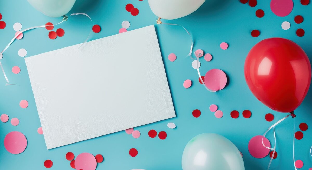 Leere weiße Karte umgeben von Luftballons in Pastellfarben und Konfetti auf blauem Untergrund, ideal als DIY-Einladungskarte geeignet.