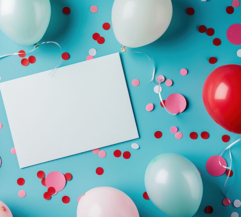 Leere weiße Karte umgeben von Luftballons in Pastellfarben und Konfetti auf blauem Untergrund, ideal als DIY-Einladungskarte geeignet. | © Adobe Stock/vadosloginov (KI-generiert)