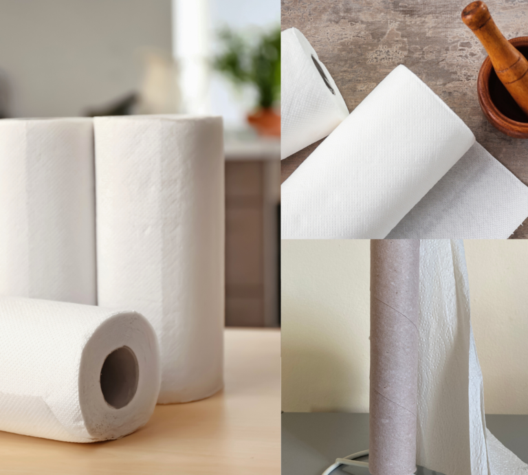 Vier weiße Küchenrollen in verschiedenen Zuständen liegen auf Tischen in Küche und Essbereich, eine ist fast aufgebraucht. | © Canva/Collage:bildderfrau.de