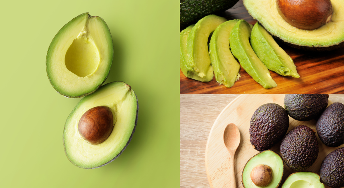 Drei Ansichten frischer Avocados: halbiert auf grünem Grund, in Scheiben geschnitten und ganz auf Holzbrett mit Löffel.