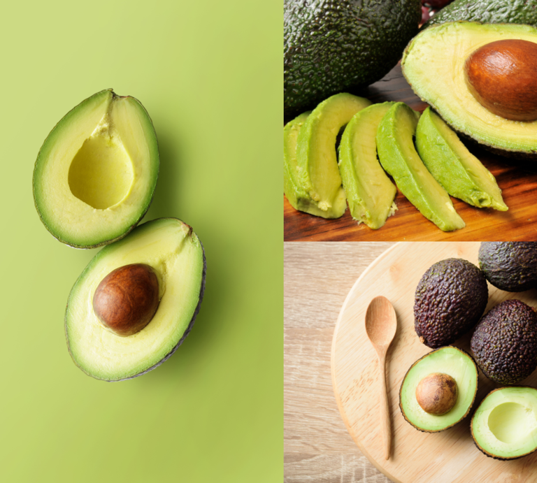Drei Ansichten frischer Avocados: halbiert auf grünem Grund, in Scheiben geschnitten und ganz auf Holzbrett mit Löffel. | © Canva/Collage:bildderfrau.de