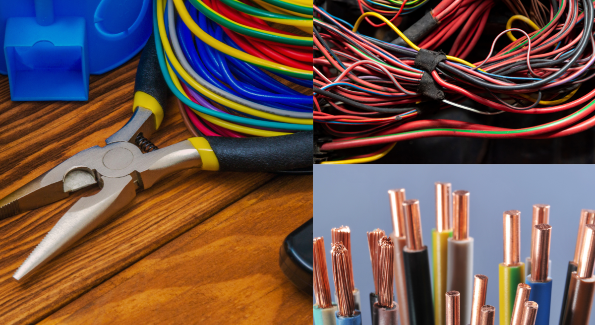 Bunte Elektrokabel, Abisolierzange und Verteilerbox liegen auf Holz, daneben Detailaufnahmen von Kupferdrähten und Kabelsalat.