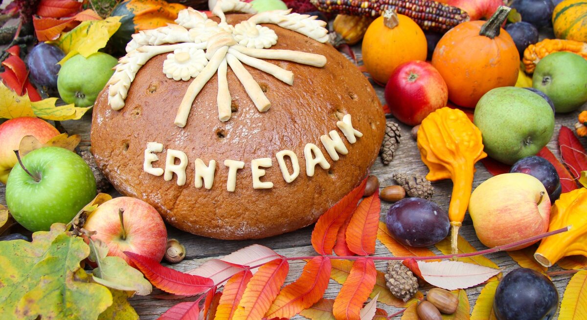 Großer Laib Erntedankbrot mit Verzierung liegt umgeben von Äpfeln, Kürbissen, Maiskolben und buntem Herbstlaub.