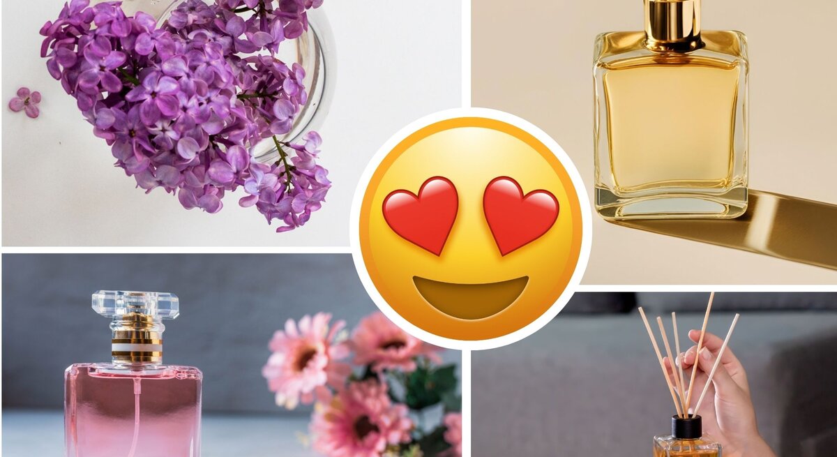 Collage mit Fliederblüten, Parfumflakons in Gold und Rosa, Raumduft mit Stäbchen und Herzchen-Smiley in der Mitte.