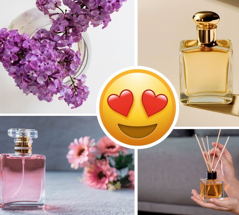 Collage mit Fliederblüten, Parfumflakons in Gold und Rosa, Raumduft mit Stäbchen und Herzchen-Smiley in der Mitte. | © Collage: bildderfrau.de, Canva