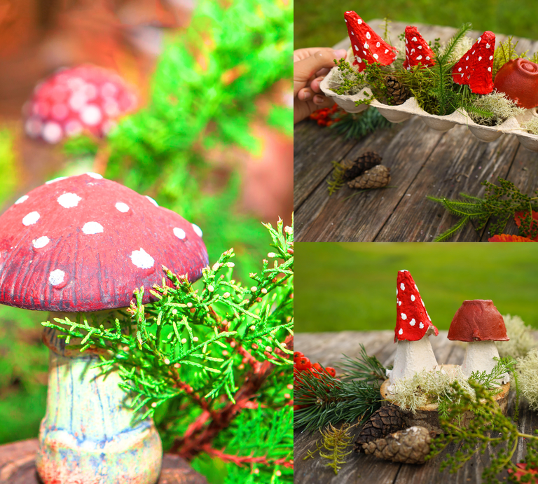 Drei Bastelszenen mit rot-weißen Tonpilzen auf Moos, Tannenzweigen und Zapfen, teils in Eierkarton, teils auf Holztisch im Freien. | © Shutterstock/ Wailani/ Irina Starikova1811