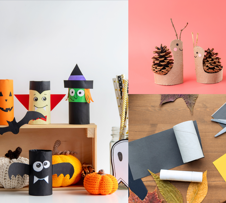 Upcyling-Bastelideen mit Klopapierrollen: Halloween-Figuren, Zapfenschnecken und Bastelmaterial auf Holz- und Farbhintergrund arrangiert. | © Shutterstock/Nadya Buyanowa/Da Antipina/Elena Chevalier/Canva:Collage:bildderfrau.de