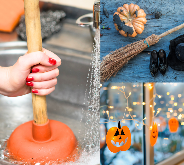 Eine Hand mit Pömpel im Spülbecken, daneben Halloween-Deko mit Hexenbesen und Kürbissen sowie Kürbislichterkette am Fenster. | © Canva/Collage:bildderfrau.de