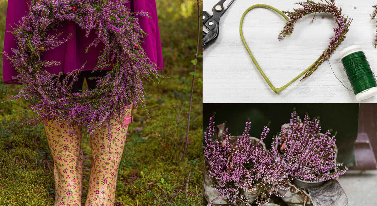 Kranz aus Heidekraut, Herz aus Draht mit Heide, alte Schuhe bepflanzt mit Heide – herbstliche Dekoideen in Wald und Zuhause.