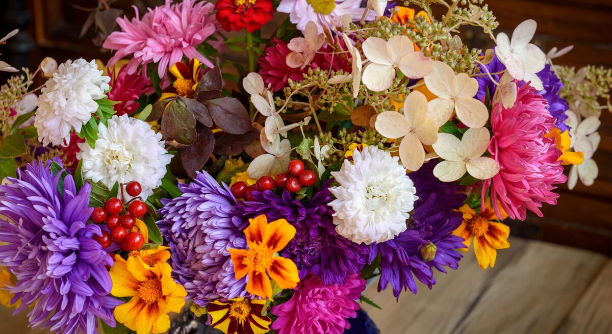 Ein bunter Blumenstrauß aus Chrysanthemen, Zinnien und Astern mit leuchtenden Herbstfarben in einer blauen Vase auf einem Holztisch.