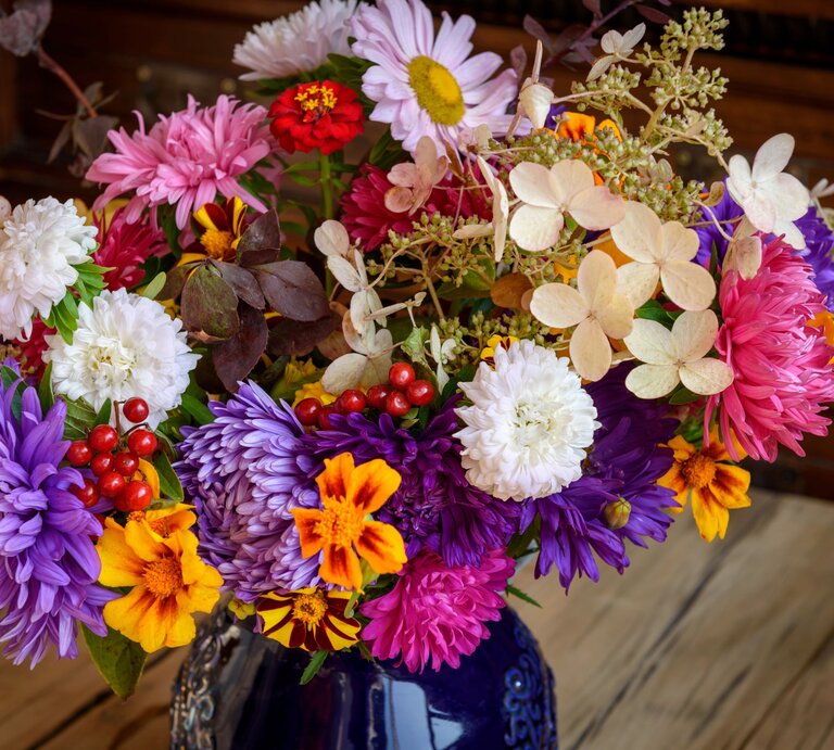 Ein bunter Blumenstrauß aus Chrysanthemen, Zinnien und Astern mit leuchtenden Herbstfarben in einer blauen Vase auf einem Holztisch. | © Adobe Stock/Zadvornov