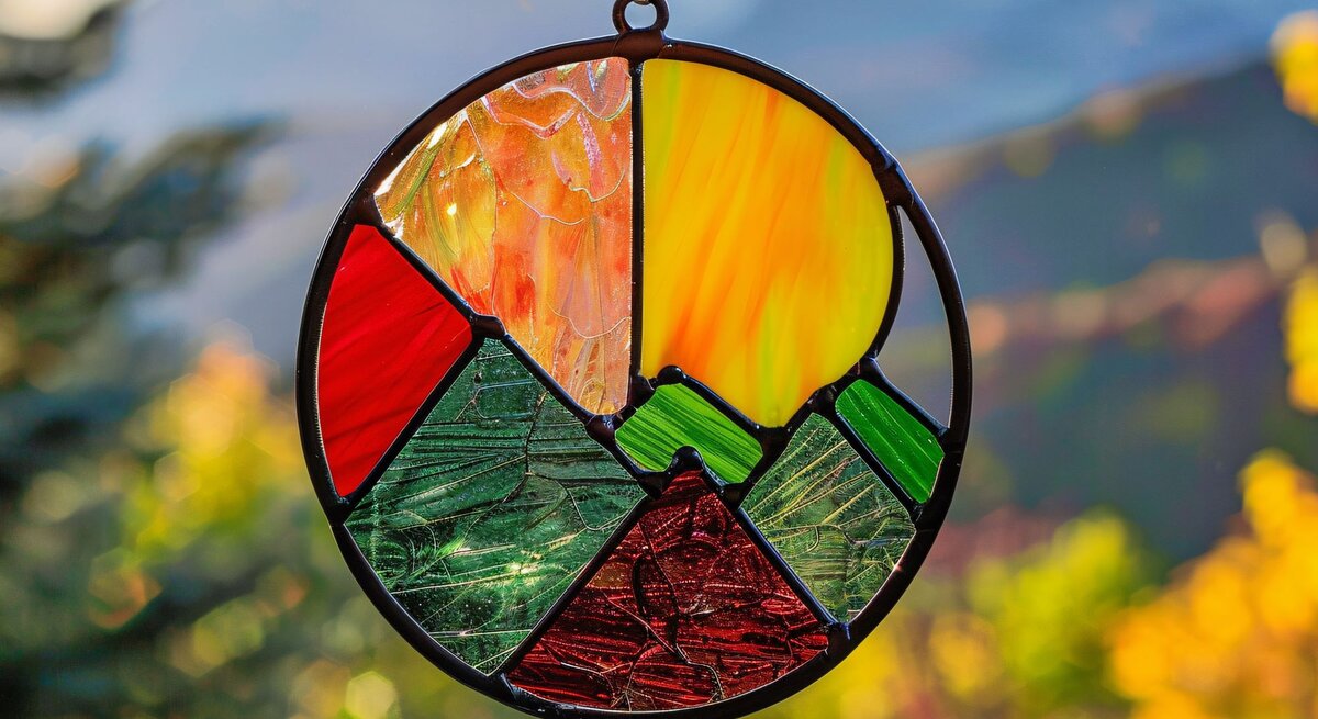 Hängender Sonnenfänger aus Glas mit abstraktem Design vor herbstlich gefärbten Bergen in warmem Abendlicht.