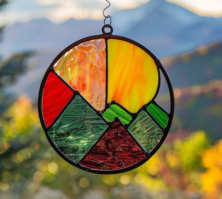 Hängender Sonnenfänger aus Glas mit abstraktem Design vor herbstlich gefärbten Bergen in warmem Abendlicht. | © Adobe Stock/ZenArt (KI-generiert)