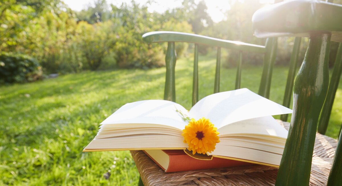 Ein aufgeschlagenes Buch mit einer gelben Blume liegt auf einem grünen Holzstuhl im sonnigen Garten.