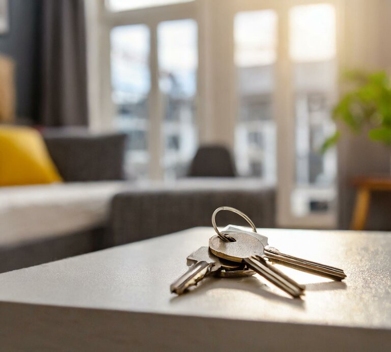 Ein Schlüsselbund liegt auf einem hellen Tisch in einem modern eingerichteten Wohnzimmer mit grauem Sofa und gelbem Kissen. | © Adobe Stock/images.AI (KI-generiert)