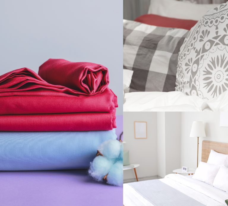 Gefaltete rote und blaue Bettlaken, moderne Betten mit weißer und gemusterter Bettwäsche in hellen, stilvoll eingerichteten Schlafzimmern. | © Canva/Collage:bildderfrau.de