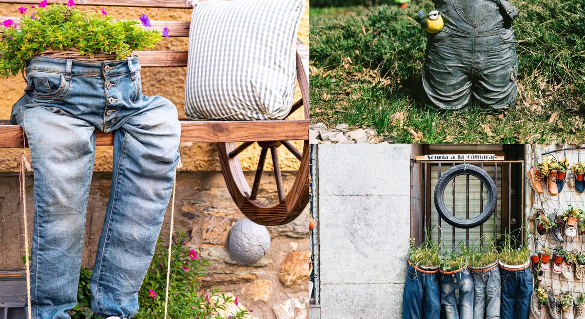 Ausgediente Jeans und Hosen dienen bepflanzt mit Blumen, Gräsern und Deko-Vögeln als witzige, kreative Pflanzgefäße im Freien.