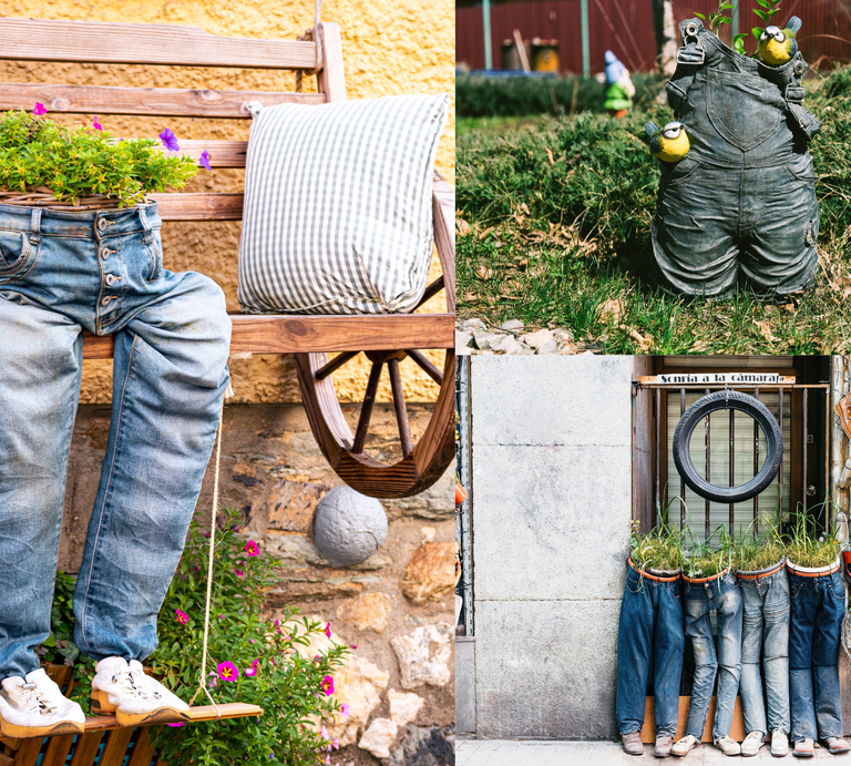 Ausgediente Jeans und Hosen dienen bepflanzt mit Blumen, Gräsern und Deko-Vögeln als witzige, kreative Pflanzgefäße im Freien. | © Shutterstock/Guzalia/KitijaAbele/Karlos Garciapons/Canva:Collage:bildderfrau.de