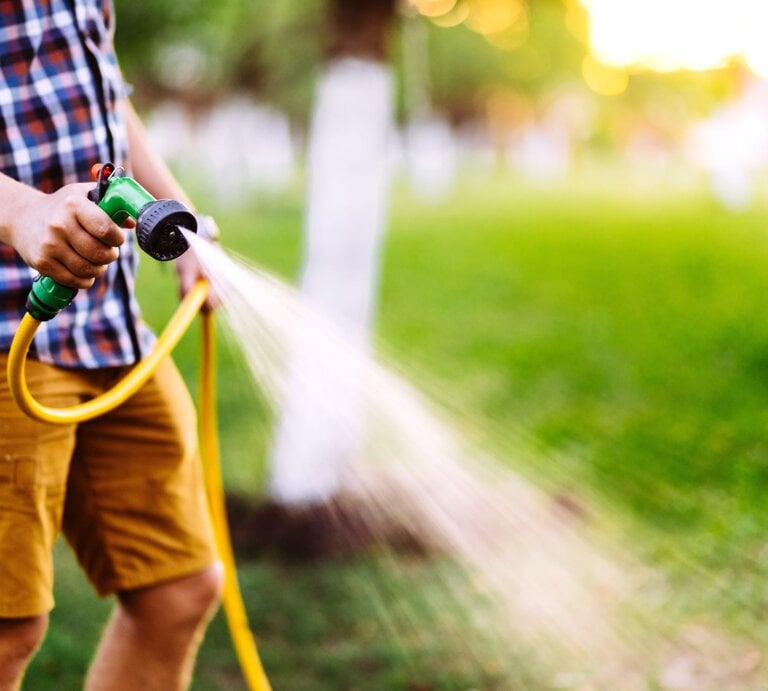 Ein Mann in kariertem Hemd und gelben Shorts gießt mit einem Gartenschlauch eine grüne Wiese im Sonnenuntergang. | © Adobe Stock/aboutmomentsimages