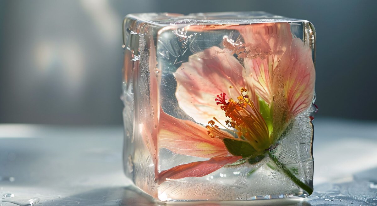 Nahaufnahme einer rosa Blume, die in einem transparenten Eiswürfel eingeschlossen ist und auf einem nassen Tisch liegt.