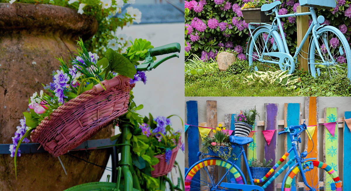 Fahrrad-Upcycling: Kunstvoll dekorierte Vintage-Fahrräder mit bunten Blumenarrangements stehen vor Blütensträuchern, Steinvasen und bemalten Holzzäunen.