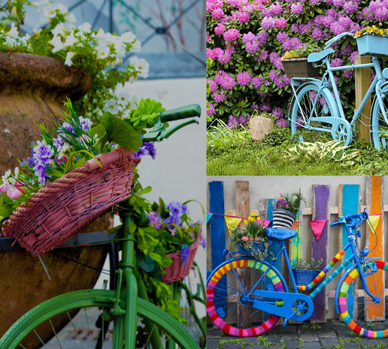 Fahrrad-Upcycling: Kunstvoll dekorierte Vintage-Fahrräder mit bunten Blumenarrangements stehen vor Blütensträuchern, Steinvasen und bemalten Holzzäunen. | © Canva/Collage:bildderfrau.de