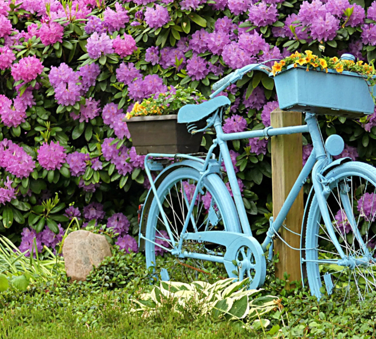Fahrrad-Upcycling: Kunstvoll dekorierte Vintage-Fahrräder mit bunten Blumenarrangements stehen vor Blütensträuchern, Steinvasen und bemalten Holzzäunen. | © Canva/Collage:bildderfrau.de