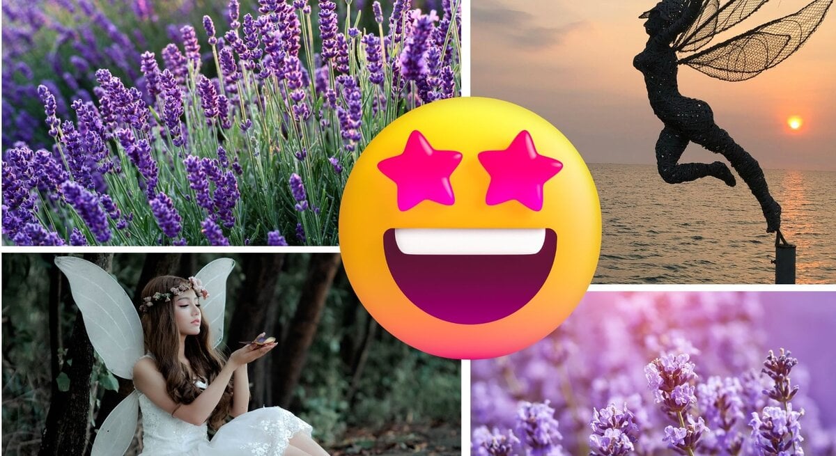 Vier Bilder zeigen lila blühenden Lavendel und fantasievolle Feenfiguren, in der Mitte ein Emoji mit Sternaugen.