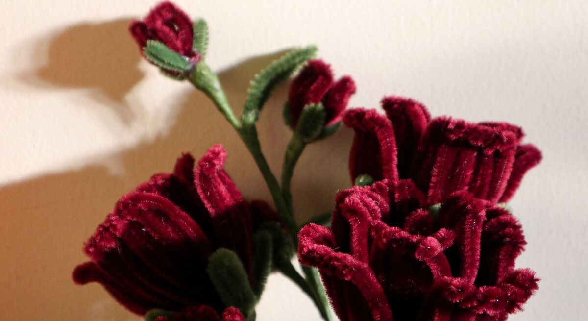 Rosen in dunklem Rot, gebastelt mit Pfeifenreinigern.