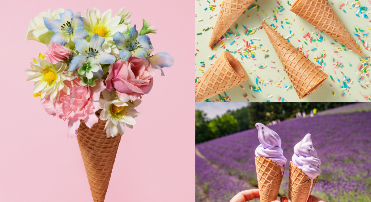 Eiswaffel mit Blumenstrauß vor Rosa, vier leere Hörnchen auf Streuseln und zwei Lavendeleis vor lila Blütenfeld in Händen gehalten.