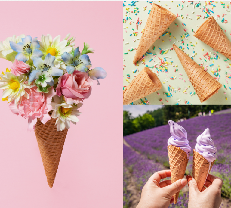 Eiswaffel mit Blumenstrauß vor Rosa, vier leere Hörnchen auf Streuseln und zwei Lavendeleis vor lila Blütenfeld in Händen gehalten. | © Canva/Collage:bildderfrau.de