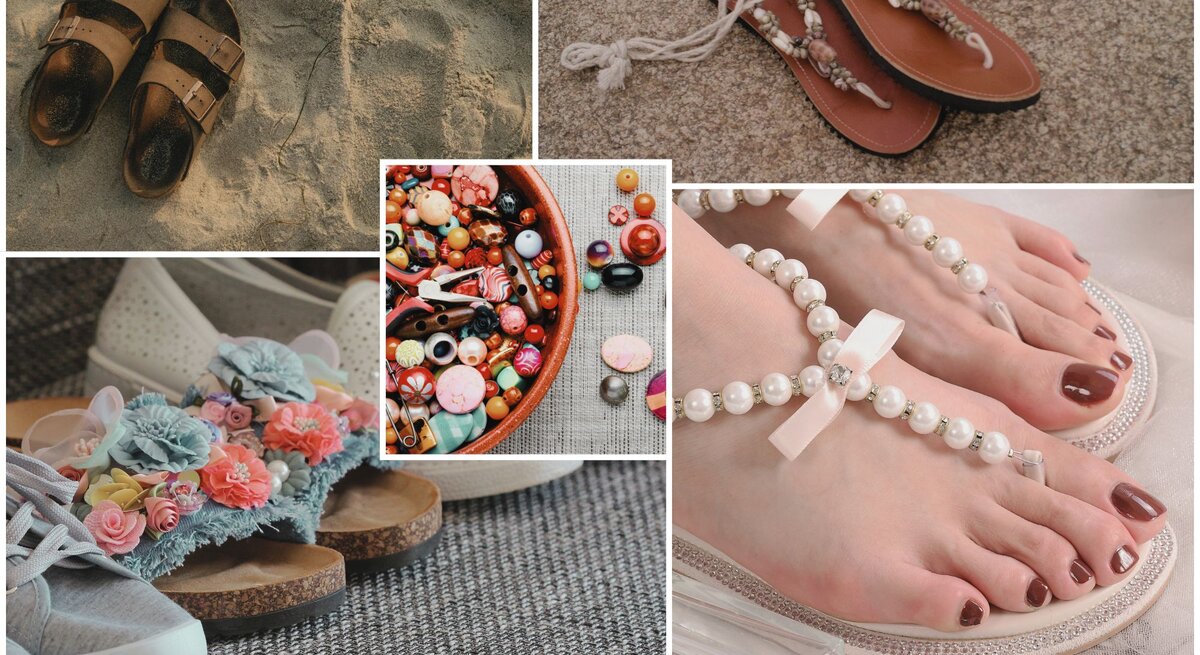 Bunte Bildcollage mit Sandalen auf Sand, Teppich und Stoff – teils mit Perlen, Blumen oder Muscheln geschmückt.