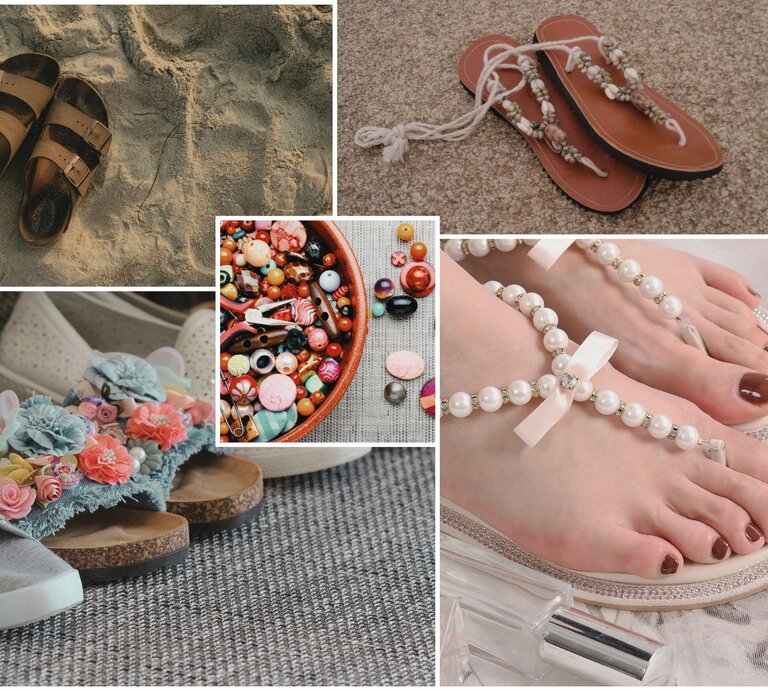 Bunte Bildcollage mit Sandalen auf Sand, Teppich und Stoff – teils mit Perlen, Blumen oder Muscheln geschmückt. | © Collage: bildderfrau.de