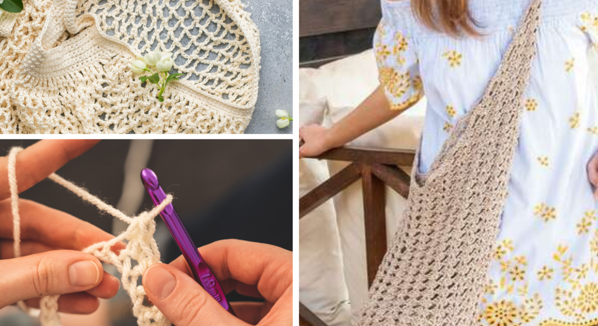 Handgemachte Häkel-Taschen aus beigem Garn in verschiedenen Designs, eine davon getragen von einer Frau im Sommerkleid mit Blumenmuster.