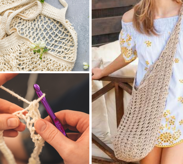 Handgemachte Häkel-Taschen aus beigem Garn in verschiedenen Designs, eine davon getragen von einer Frau im Sommerkleid mit Blumenmuster. | © Canva / Lana Grossa [M]