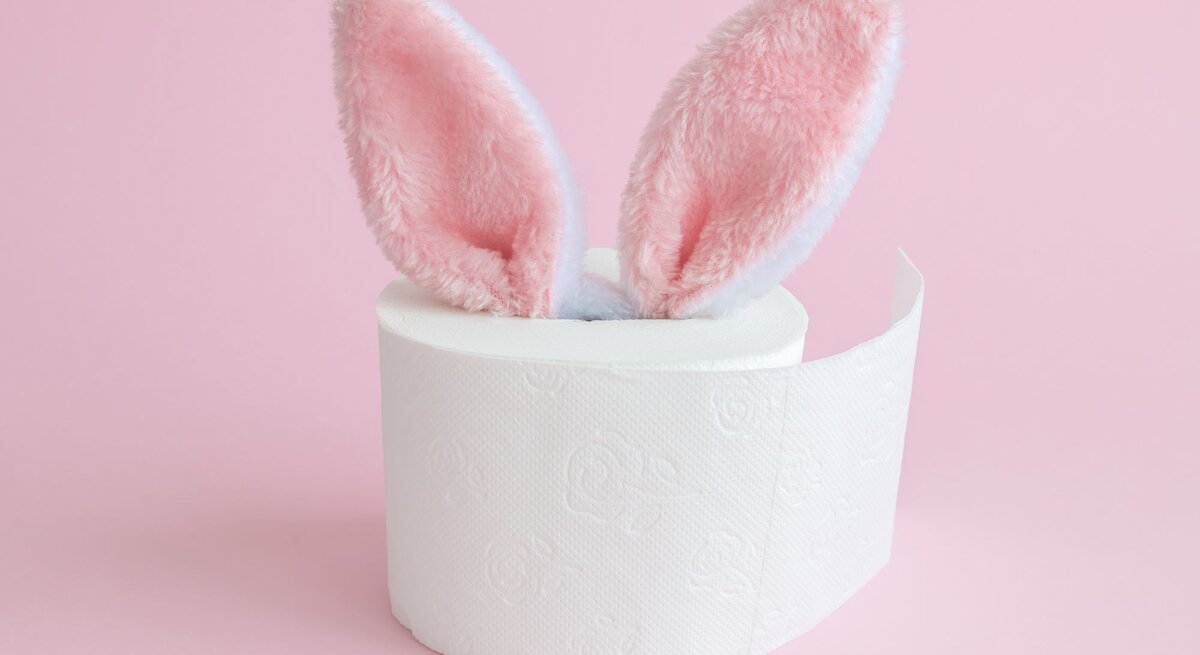 Ein Rollenkern aus Toilettenpapier mit einem Paar rosa Hasenohren, die daraus hervorstehen, vor einem pastellrosa Hintergrund. Die Szene wirkt wie eine kreative Osterdekoration.