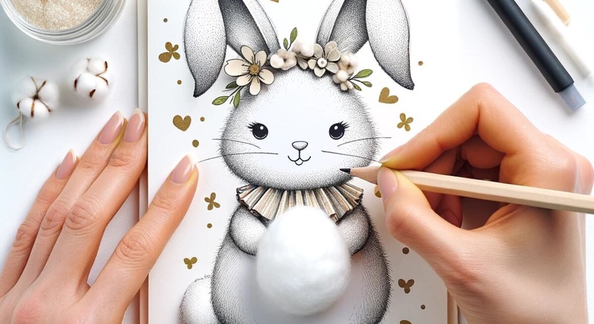 Hände halten eine selbst gestaltete Osterkarte und das Häschen hat einen Puschelbauch auf der Karte.