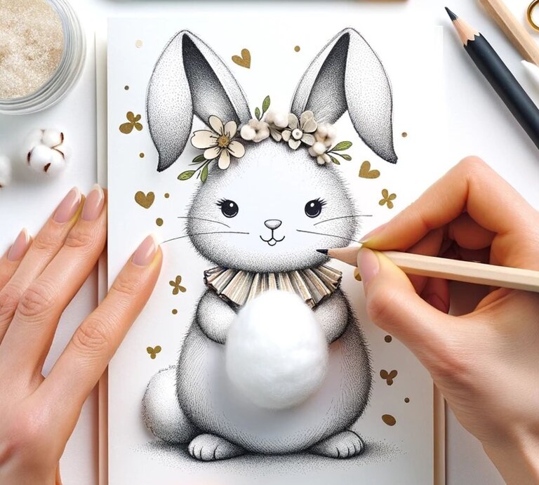 Hände halten eine selbst gestaltete Osterkarte und das Häschen hat einen Puschelbauch auf der Karte. | © erstellt mit ChatGPT 4