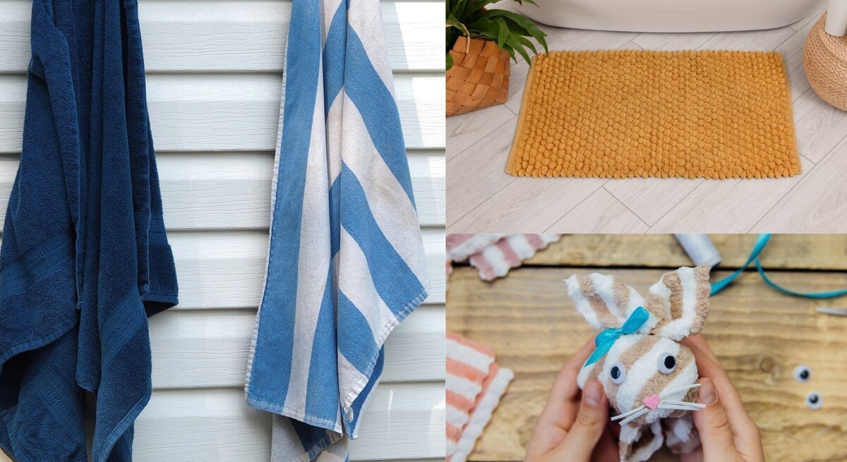Collage mit aufgehängten Handtüchern, flauschigem Badteppich neben Pflanzen und einem selbstgemachten Handtuchhasen.