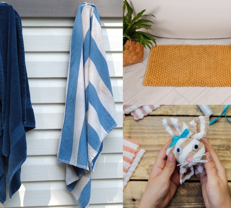 Collage mit aufgehängten Handtüchern, flauschigem Badteppich neben Pflanzen und einem selbstgemachten Handtuchhasen. | © Collage: bildderfrau.de; Adobe Stock/ Cherkasova Alie; Canva