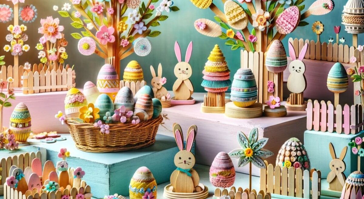 Bunte Osterdekoration, gebastelt aus Eisstielen aus Holz. 
