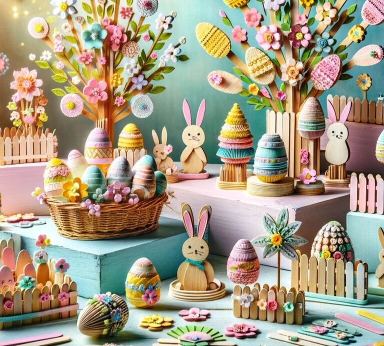 Bunte Osterdekoration, gebastelt aus Eisstielen aus Holz.  | © erstellt mit ChatGPT 4
