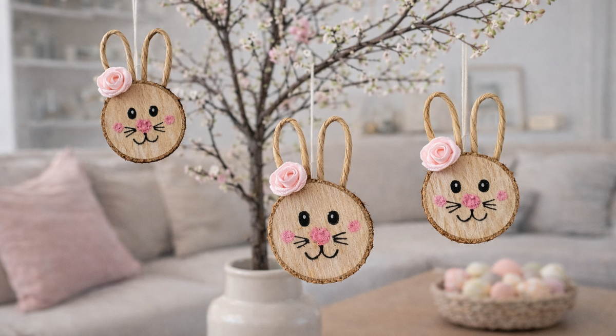 Drei niedliche Osterhasen aus Holzscheiben mit rosa Wangen und Blüte hängen an blühenden Zweigen in einer Vase auf hellem Wohnzimmertisch.