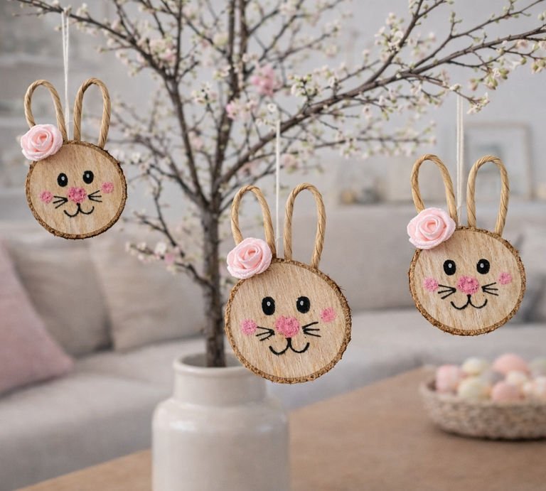 Drei niedliche Osterhasen aus Holzscheiben mit rosa Wangen und Blüte hängen an blühenden Zweigen in einer Vase auf hellem Wohnzimmertisch. | © Erstellt mit KI (Generiert mit ChatGPT) 