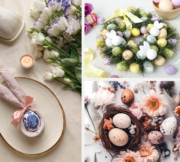 Runder Osterkranz aus grünem Moos mit pastellfarbenen Eiern und weissen Hasenfiguren, dekoriert mit gelber Schleife auf hellem Tisch. | © Canva/Collage:bildderfrau.de