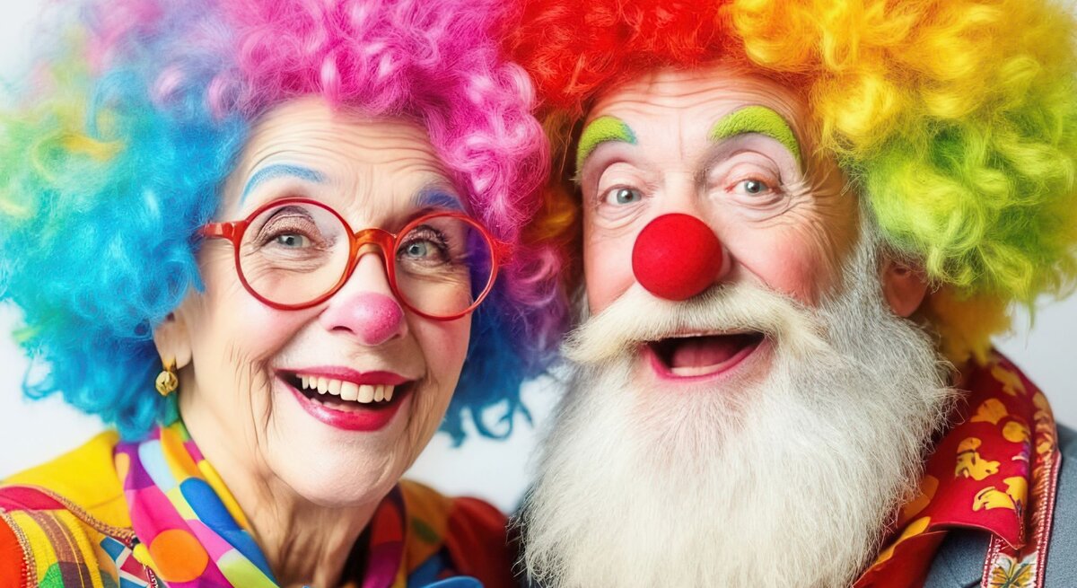 Ein älteres Paar mit bunten Lockenperücken, Clowns-Make-up und fröhlichen Gesichtern lacht vor hellem Hintergrund in die Kamera.
