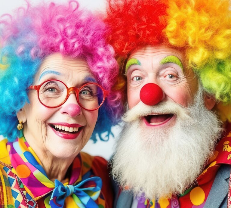Ein älteres Paar mit bunten Lockenperücken, Clowns-Make-up und fröhlichen Gesichtern lacht vor hellem Hintergrund in die Kamera. | © Adobe Stock/cobaltstock (KI-generiert)