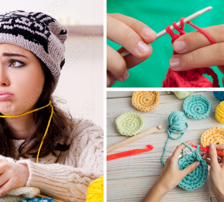 Frustrierte Frau in Wintermütze schaut hilflos beim Häkeln, rechts Nahaufnahmen geschickter Hände beim Häkeln bunter Kreise. | © Adobe Stock / Elnur & Canva [M]