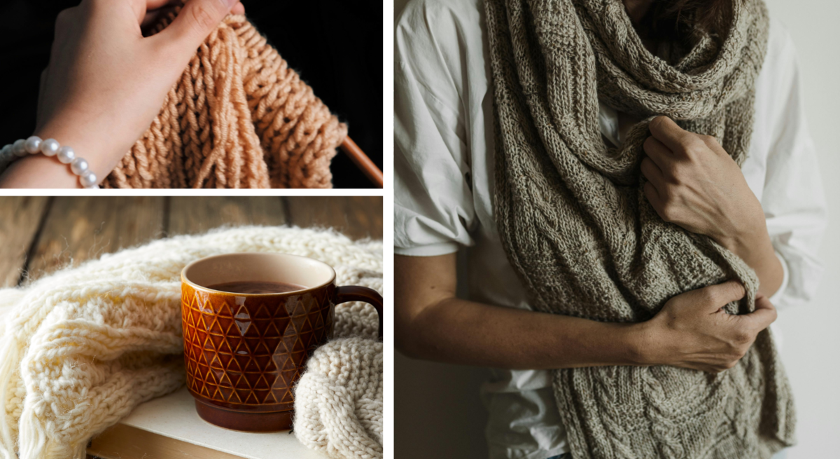Hand mit Perlenarmband strickt beige Wolle im Rippenmuster, rechts Frau mit Schal, unten Tasse auf Strickstück.